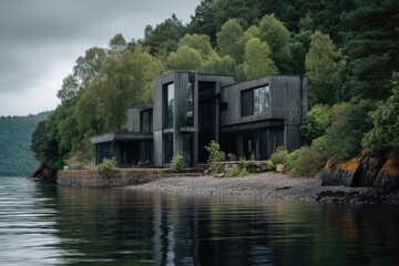 Obraz premium A contemporary house sits peacefully by the lake, encircled by tall trees and tranquil waters, all under a blanket of overcast skies in a serene rural setting