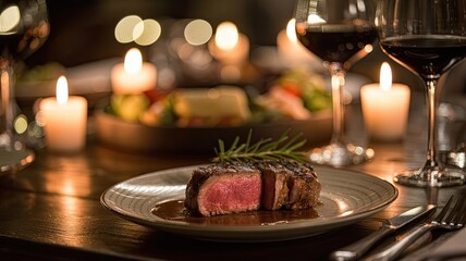Gourmet steak dinner in romantic setting