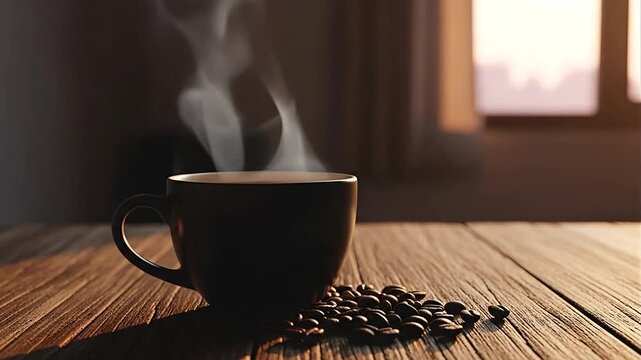 Steaming hot coffee cup on wooden table.