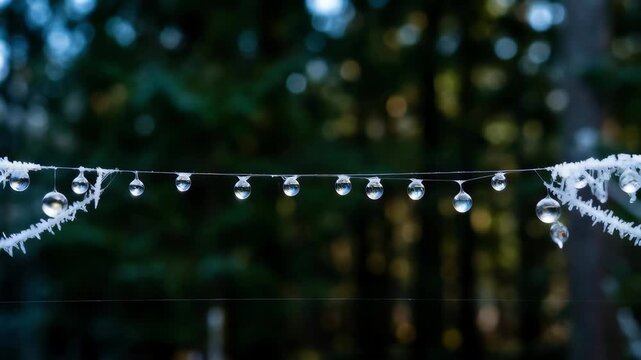 Macro time lapse of frost crystals melting into water droplets on string in forest