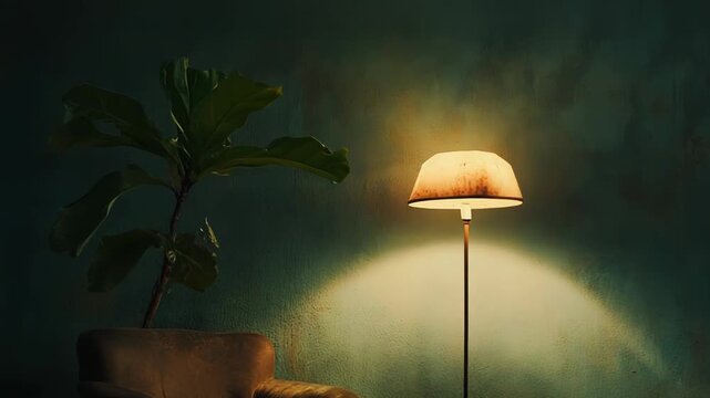 Standing lamp casts a warm glow over an empty cozy armchair and a fiddle leaf fig, creating a tranquil, stylish living room scene ideal for quiet evening relaxation