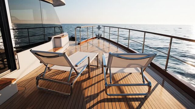 Luxury yacht deck with lounge chairs and railing overlooking the ocean on a sunny day
