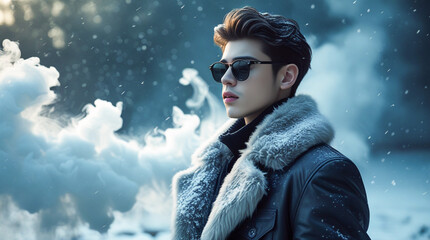 Moody portrait of a young man in a snowy, smoky environment wearing sunglasses and a fur-trimmed coat image background
