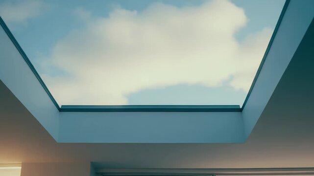 Skylight opening in a white ceiling providing a direct view of the clear blue sky and soft clouds, enhancing natural light and creating an airy, bright modern interior space