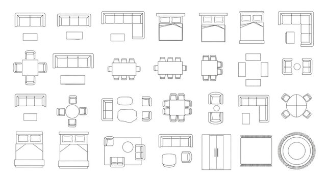 Vector Top View Architectural Furniture CAD Blocks Set for Floor Plans | Sofas, Beds, Tables, Chairs, Rugs, Dining Tables, Armchairs, Wardrobes