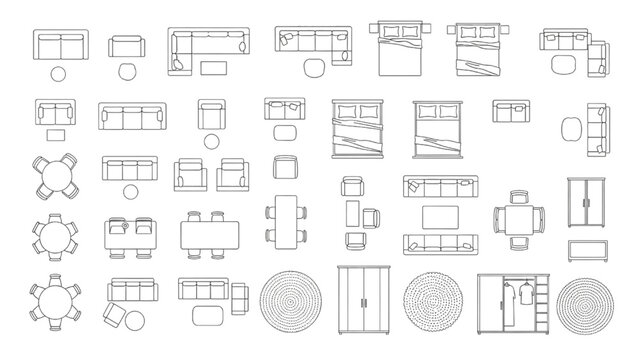 Vector Top View Architectural Furniture CAD Blocks Set for Floor Plans | Sofas, Beds, Tables, Chairs, Rugs, Dining Tables, Armchairs, Wardrobes