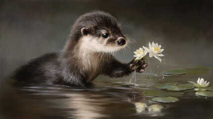 Fototapeta premium Otter holding a white water lily in a serene pond