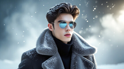 Moody portrait of a young man in a snowy, smoky environment wearing sunglasses and a fur-trimmed coat image background