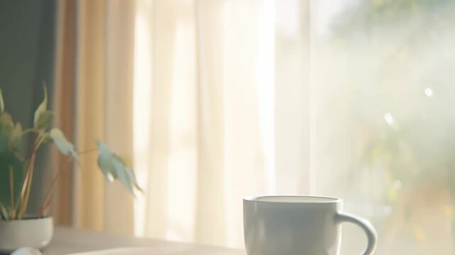 White ceramic coffee mug sitting on a wooden table illuminated by soft, natural morning sunlight streaming through a window with sheer curtains, creating a peaceful home atmosphere