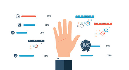 Business hand interacting with digital progress bars and calendar reminders for productivity tracking