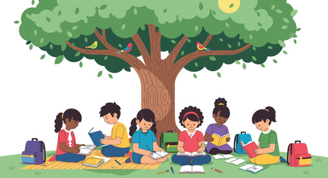 Diverse group of children studying and reading books together beneath the shade of a large green tree