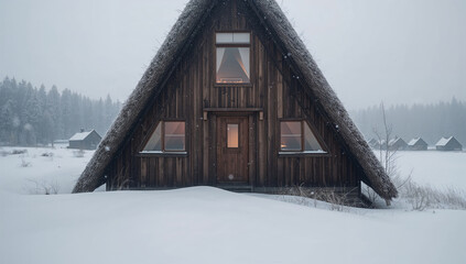山間の合掌造りの民家が大雪の朝、静けさに包まれて佇む冬の風景