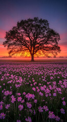 Fototapeta premium Landscape with silhouetted tree over a field of pink flower, under an orange and purple sky at dawn or dusk, symbolizing peace, beauty, nature