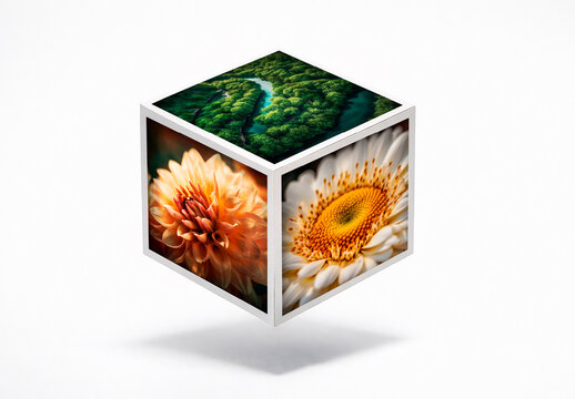 White Cube Photo Frame Floral 3D Mockup