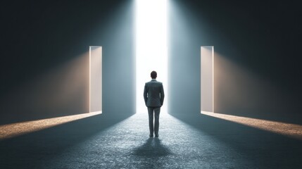 Obraz premium Standing Before Open Doors, a Person Makes an Important Decision With Bright Lights Illuminating Options in a Corporate Setting