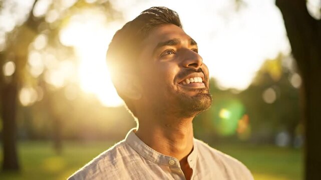 Happy Man Smiling In Warm Sunlight Outdoors Feeling Joy Freedom And Positive Life Energy In Nature