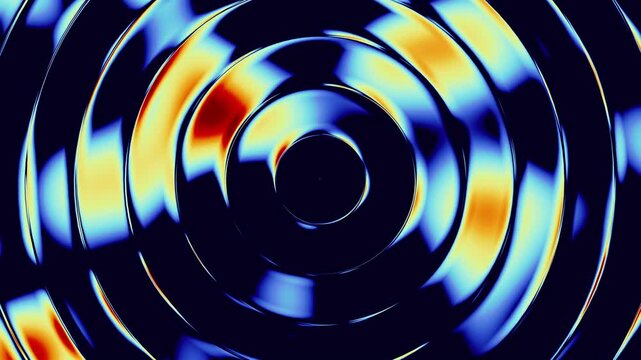 Fractal distortion of gradient neon waves in circular rippled glass stripes. Blending glowing color liquid flow. Dynamic color visual effect in fractal glass. 3d render Loop.