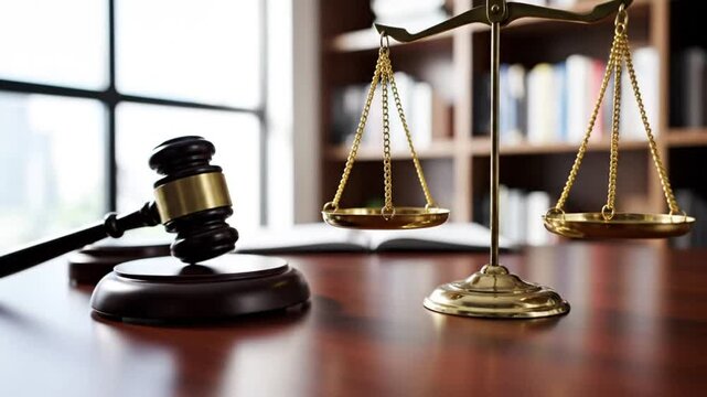 Judge Gavel And Justice Scales On Wooden Desk Representing Law Court Authority And Legal Balance