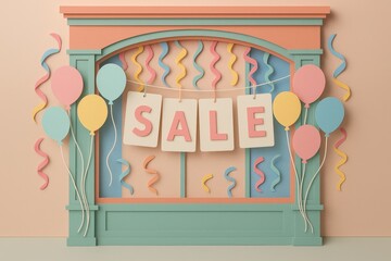 Colorful Festive Sale Display with Balloons and Streamers