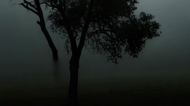 Dense fog covers trees in a silent, mysterious landscape, creating a tranquil and atmospheric natural scene with ample copy space for design elements or text