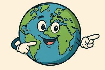 Obraz premium Smiling Animated Globe Character with Pointing Hands