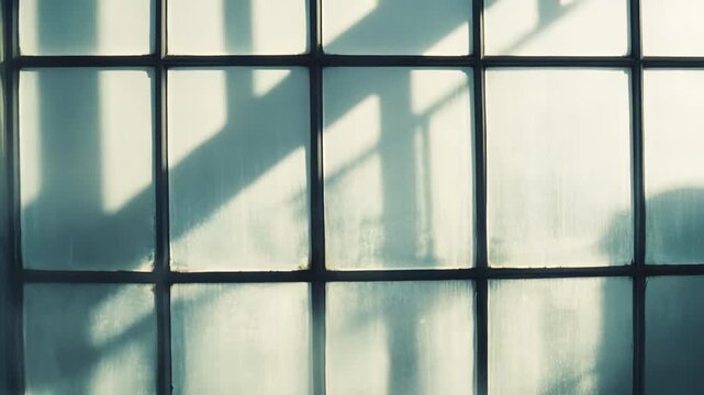 Diffused light streams through the gridded panes of a dirty industrial window, casting soft shadows and highlighting the dusty textures of the glass and wall