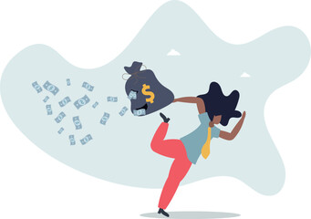 Fototapeta premium A businesswoman runs with a bag of money from which it falls out.