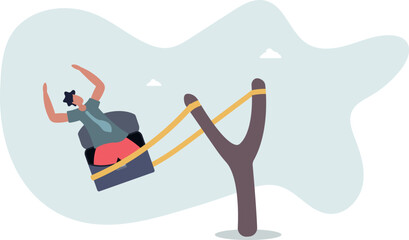 Fototapeta premium A businessman launches himself with a slingshot. The concept of acceleration in career growth.