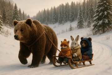 Obraz premium Bear Pulling Sled with Animal Friends in Winter Wonderland