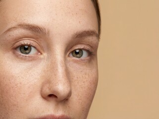 Obraz premium A close-up portrait of a woman with freckles and green eyes against a beige background.