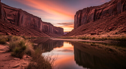 Scenic canyon with towering rock wall reflecting into a serene river during a colorful sunset, representing tranquility, nature, and exploration