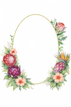 King protea flower oval gold line frame with tropical bouquet, watercolor template
