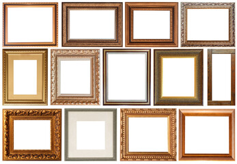 Set of picture frames isolated on white background antique carved gold