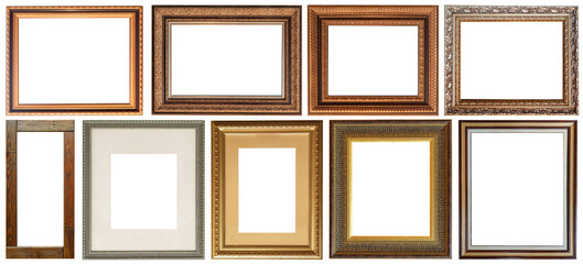 Set of picture frames isolated on white background antique carved gold