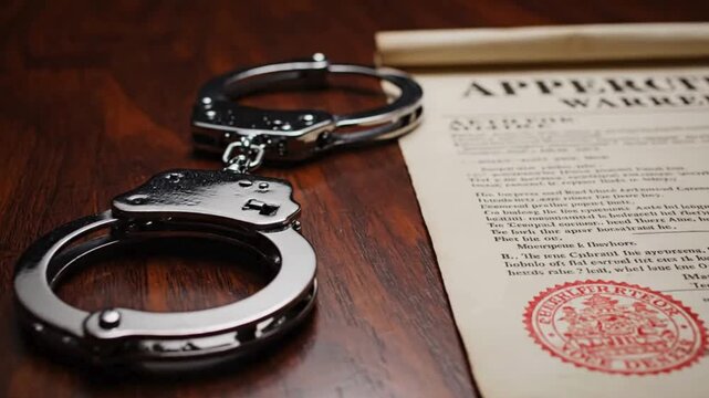Shiny silver metal handcuffs resting near an old parchment document bearing a significant red wax seal symbolizing legal authority and justice enforcement on a rich wooden surface.