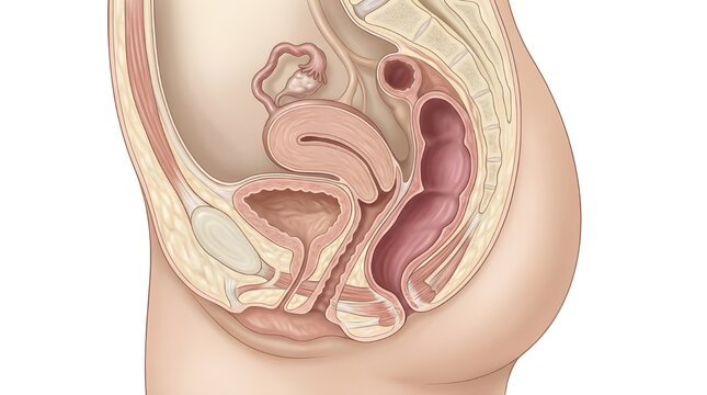 Female Pelvic Anatomy Sagittal Section &ndash; Uterus, Bladder, Vagina and Rectum Medical Illustration