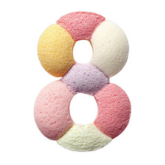 Number eight created from makeup sponges and powder puffs. Isolated white background. Png format