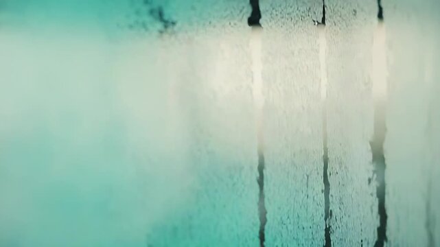 Condensation forming beads of water on glass, close up textured window with teal, blue and white gradient, soft light creating a cool, misty, abstract background pattern