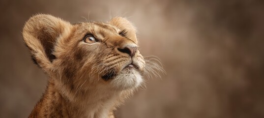 Obraz premium Lion Cub with Tawny Fur Gazing Upward in Studio Portrait
