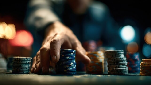 Dramatic Poker Moment: Player Pushes All-In with Chip Stack, Cinematic Lighting