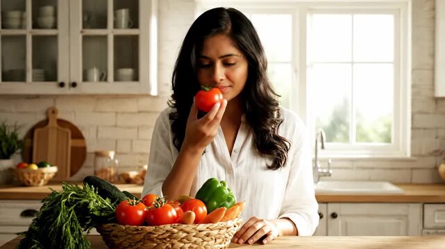 Smiling Indian woman with a basket of fresh vegetables in a bright kitchen. Choosing and smelling a ripe tomato for a healthy meal. Nutrition and organic food concept