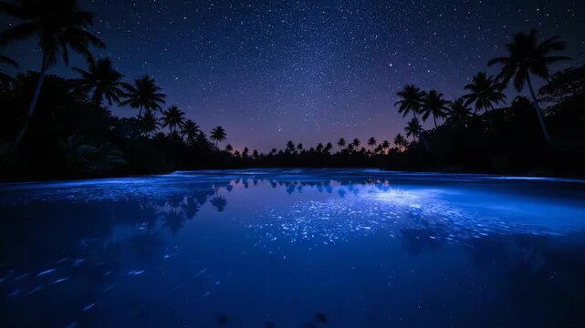 Bioluminescent plankton illuminate the ocean under a starry night sky. Palm trees silhouette the tropical coastline, creating a magical scene.