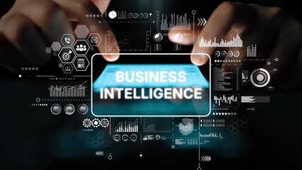 Hands Interacting with Business Intelligence Concept and Digital Graph Data Visualization for...