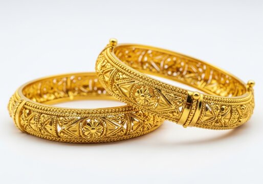 Two gold bangles on white background