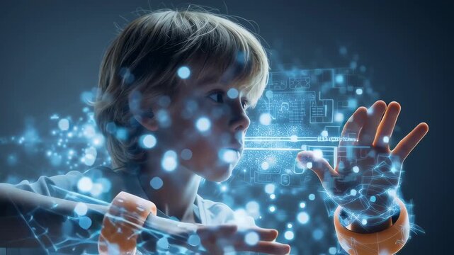Young child touches a glowing digital hologram in a dark studio, showing futuristic learning and technology
