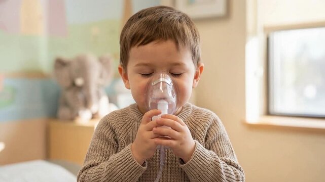 Young child holding a nebulizer mask and inhaling medication for respiratory treatment