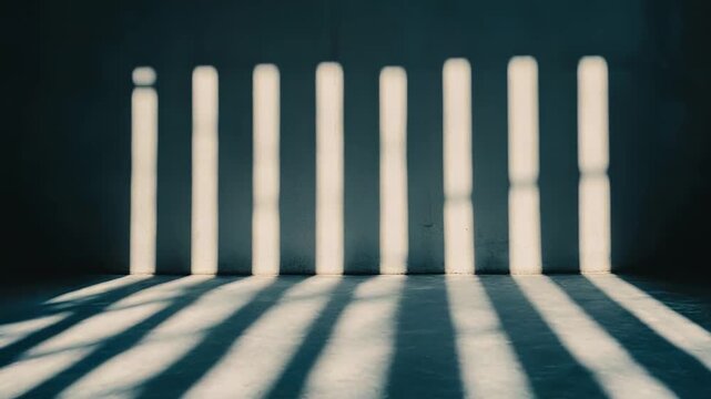 Stark sunlight entering a minimalist interior, projecting strong, elongated bar like shadows across a textured concrete wall and floor, creating a sense of confinement and hope