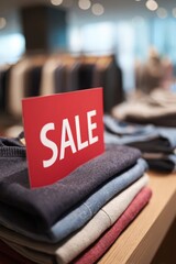 Fototapeta premium Clothing Store Sale with Red Sign and Folded Garments in Neutral Setting