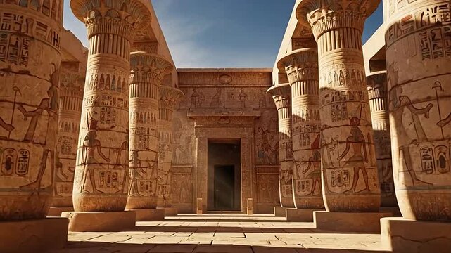 Ancient Egyptian temple with carved pillars.
