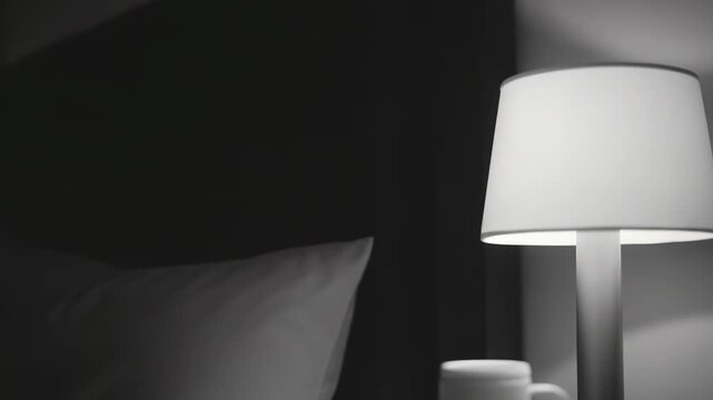 White ceramic mug standing on a minimalist bedside table next to a glowing lampshade, creating a serene and cozy atmosphere in a dimly lit bedroom setting at night